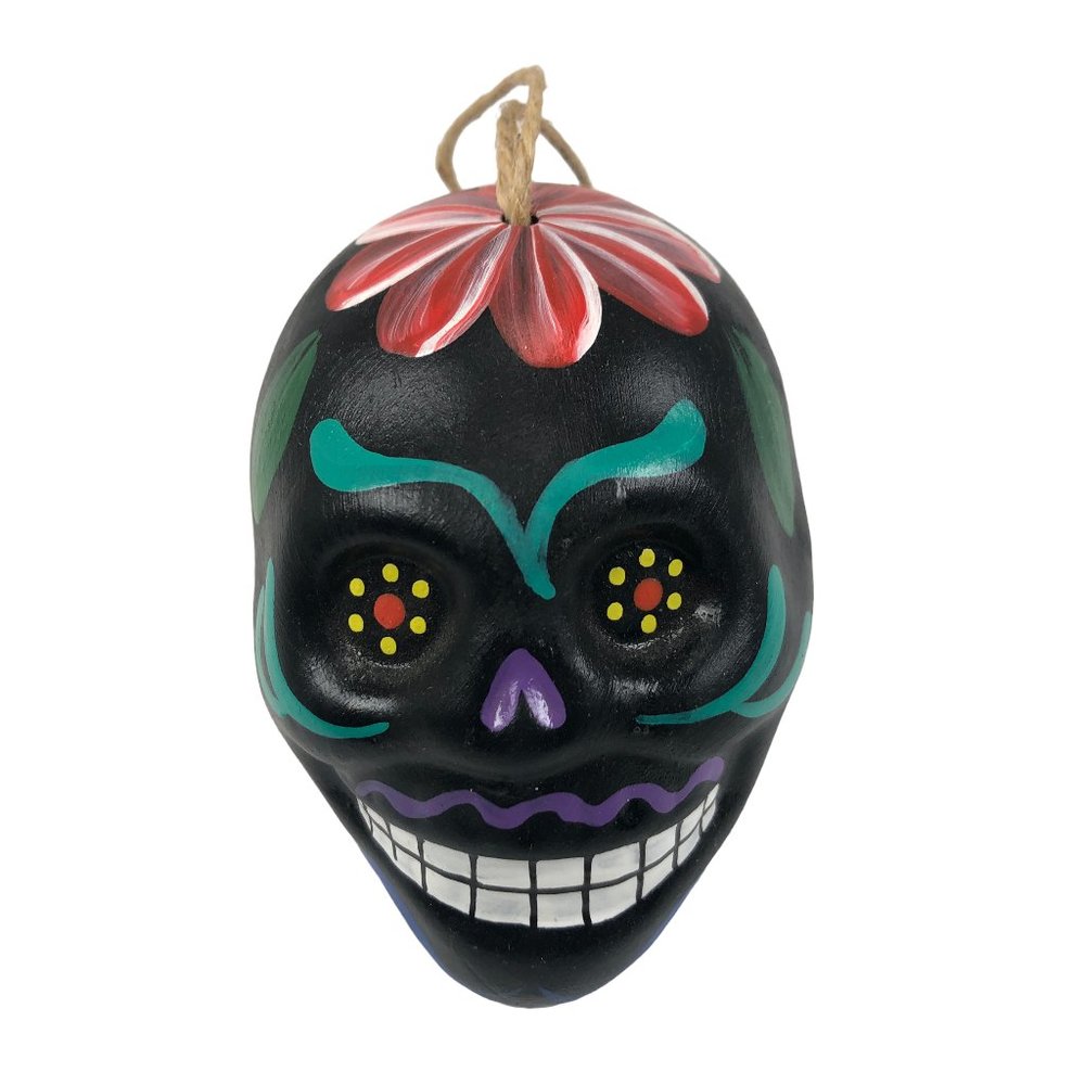 Black Day of The Dead Sugar Skull Ceramic Ornament Halloween Hand Painted Peru